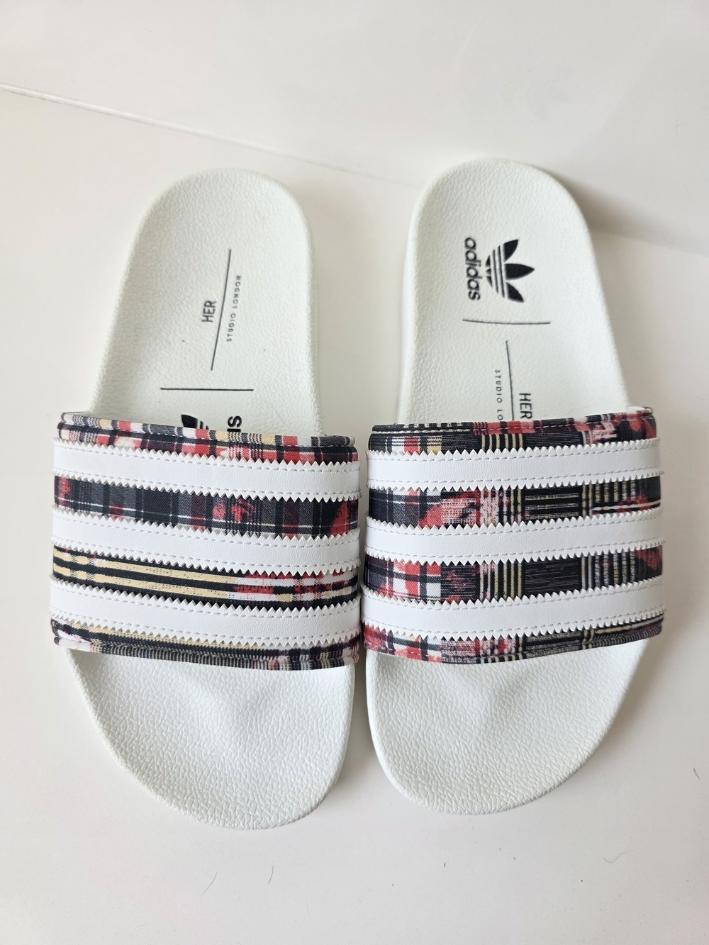 adidas x HER Studio London Adilette Checkered Plaid Slides Size 6 Preppy